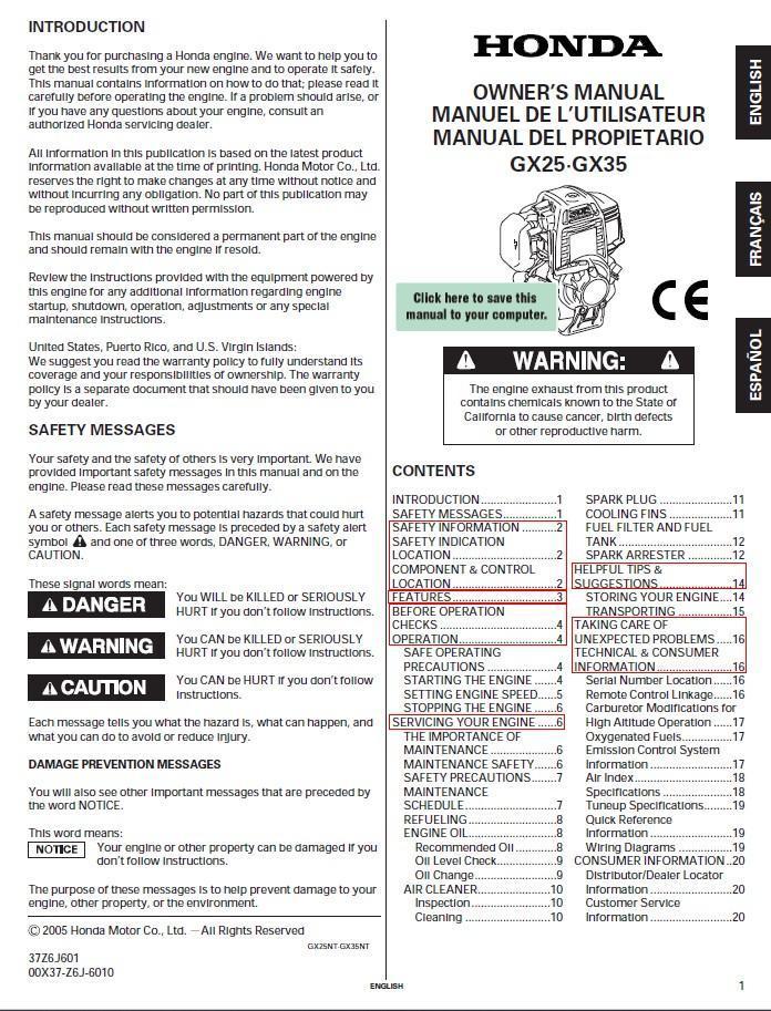 PCW3000, PCW4000 - MANUEL DES MOTEURS HONDA GX35 ET GX50